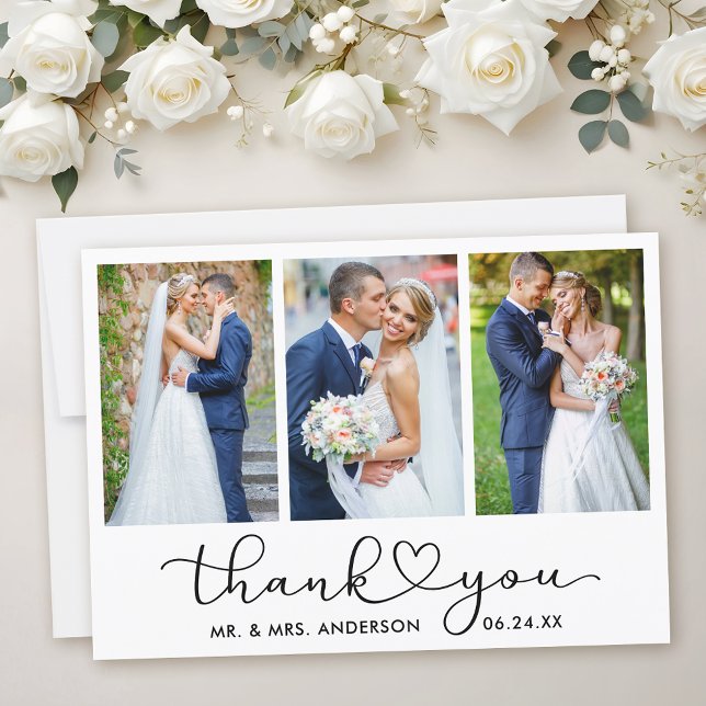 Modern Calligraphy Heart Script 3 Photo Wedding Thank You Card (Customize to add text to back of card.)