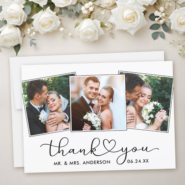 Modern Calligraphy Heart Script 3 Photos Wedding Thank You Card (Customize to add text to back of card.)