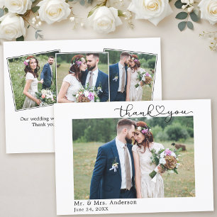 Modern Calligraphy Heart Script 4 Photo Wedding Thank You Card