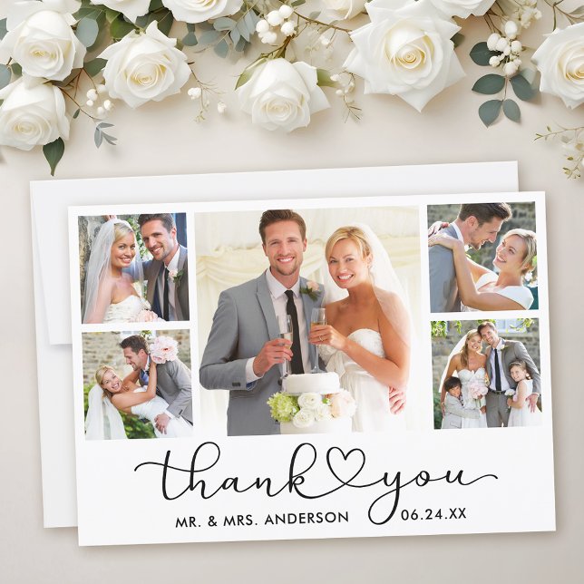 Modern Calligraphy Heart Script 5 Photo Wedding Thank You Card (Customize to add text to back of card.)