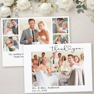 Modern Calligraphy Heart Script 6 Photos Wedding Thank You Card