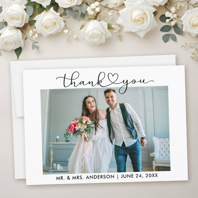 Modern Calligraphy Heart Script Photo Wedding Thank You Card (Customize to add text to back of card.)