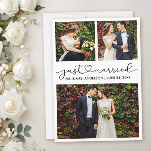 Modern Calligraphy Heart Script Wedding 3 Photo Announcement