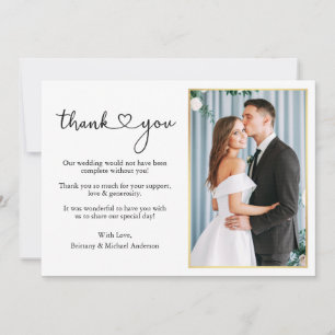 Modern Calligraphy Heart Wedding Gold Frame Photo Thank You Card