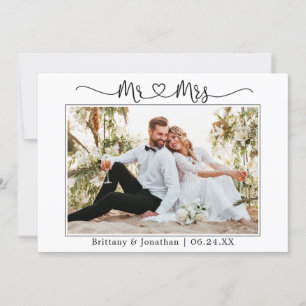 Modern Calligraphy Heart Wedding Mr. and Mrs. Thank You Card