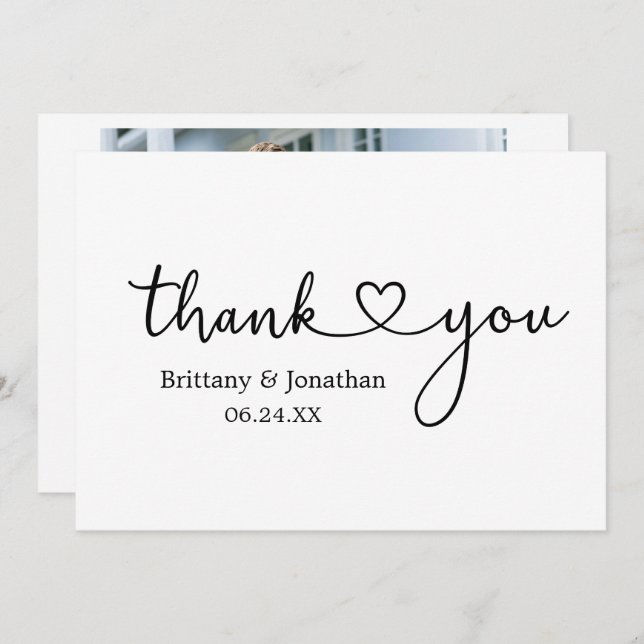 Modern Calligraphy Heart Wedding Photo Back Thank You Card (Front/Back)