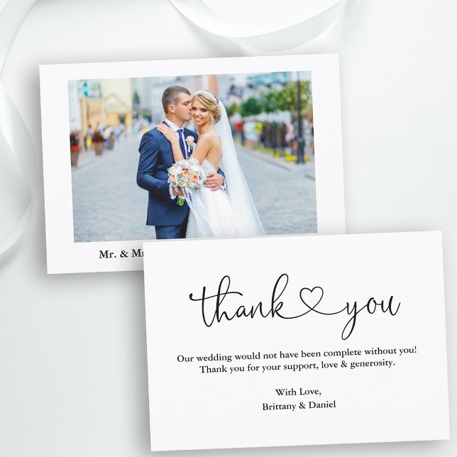 Modern Calligraphy Heart Wedding Photo Note Thank You Card (Customize to change your personalized text size or text style.)