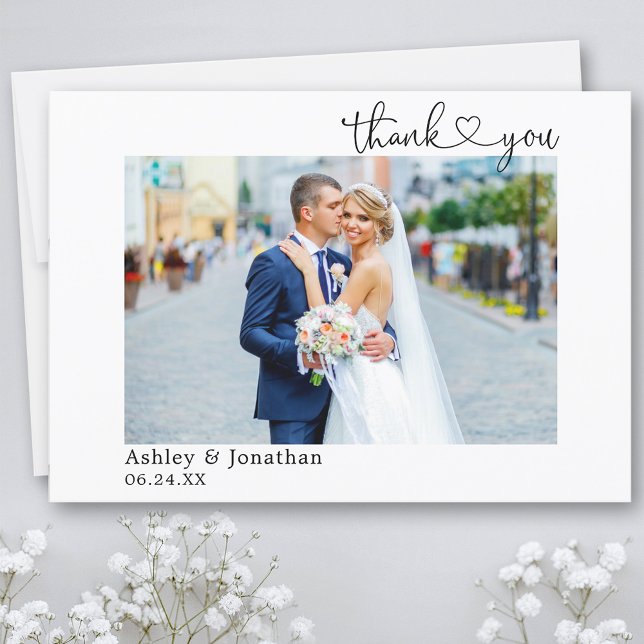 Modern Calligraphy Heart Wedding Photo Thank You Card (Customize to change your personalized text size or text style.)