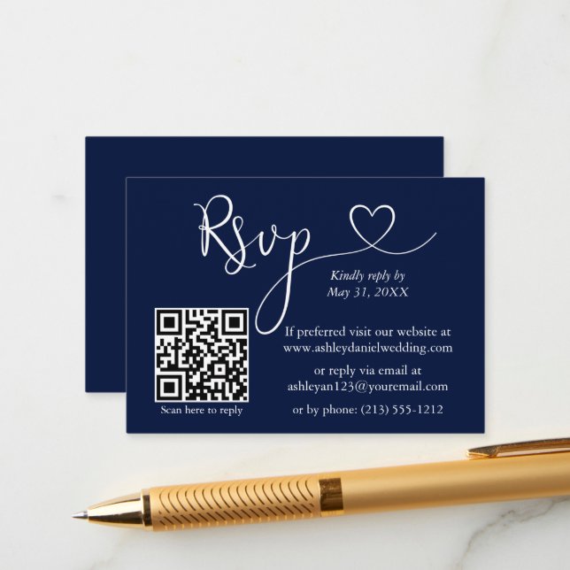 Modern Calligraphy Heart Wedding QR RSVP Blue Enclosure Card (Front/Back In Situ)