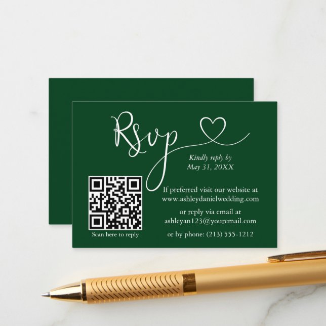 Modern Calligraphy Heart Wedding QR RSVP Green Enclosure Card (Front/Back In Situ)