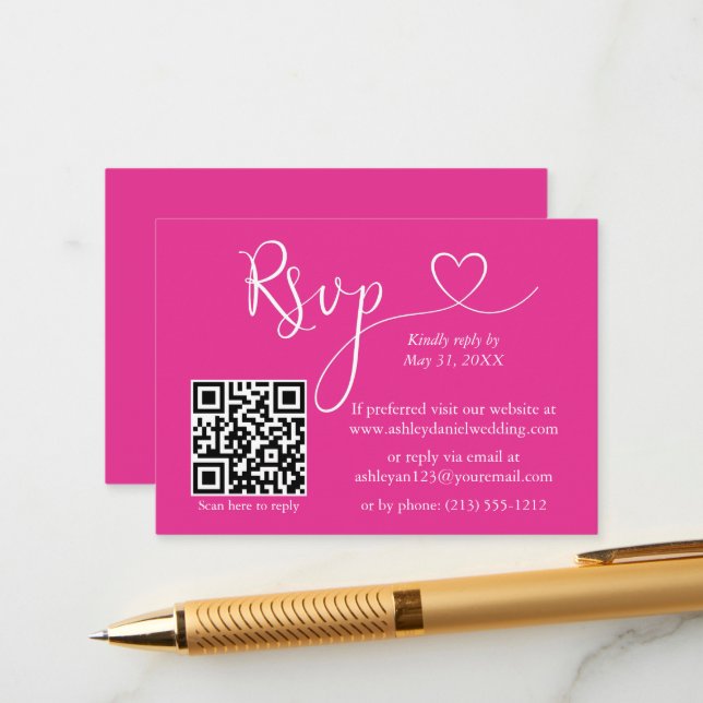 Modern Calligraphy Heart Wedding QR RSVP Hot Pink Enclosure Card (Front/Back In Situ)