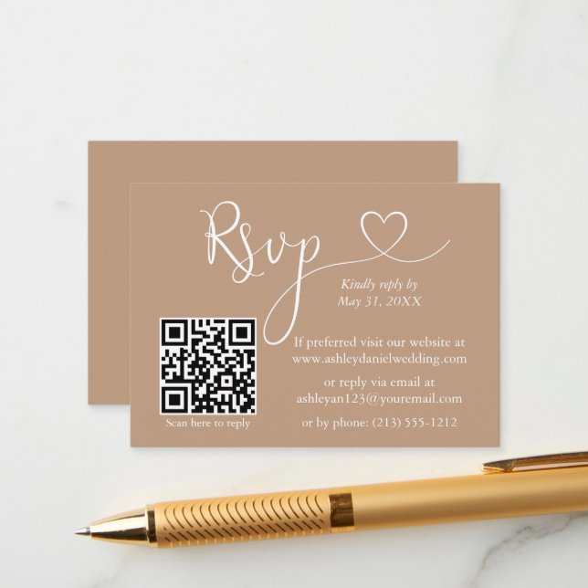Modern Calligraphy Heart Wedding QR RSVP Taupe Enclosure Card (Front/Back In Situ)