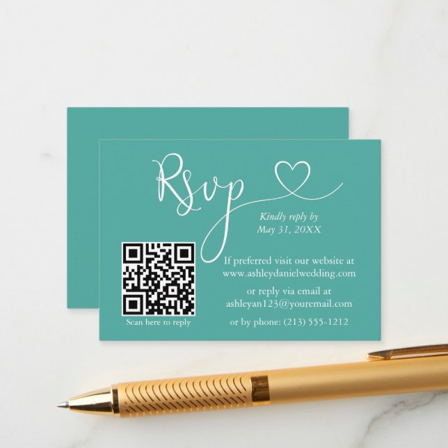 Modern Calligraphy Heart Wedding QR RSVP Teal Enclosure Card (Front/Back In Situ)