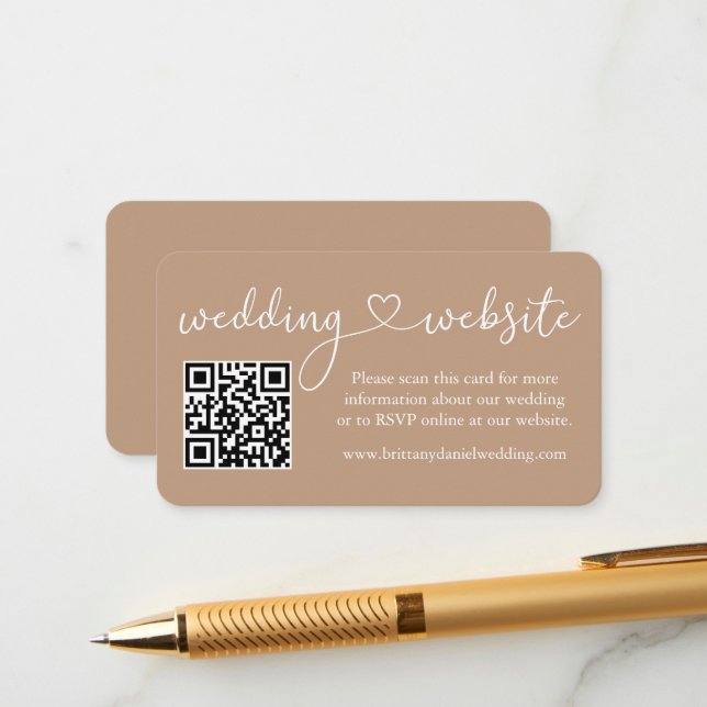 Modern Calligraphy Heart Wedding Website QR Taupe Enclosure Card (Front/Back In Situ)