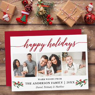 Modern Calligraphy Holly 3 Photo Red Holiday Card