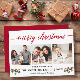 Modern Calligraphy Holly Christmas 3 Photo Red Holiday Card
