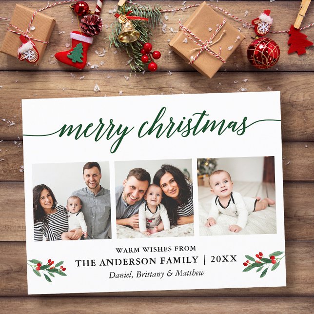 Modern Calligraphy Holly Green Christmas 3 Photo Postcard (Customize to change your personalized text size or text style.)