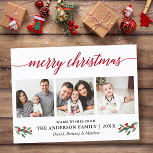 Modern Calligraphy Holly Red Christmas 3 Photo Postcard