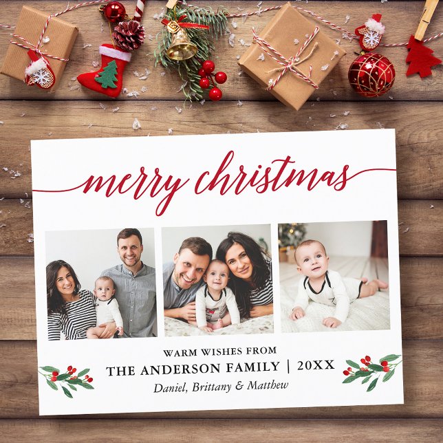 Modern Calligraphy Holly Red Christmas 3 Photo Postcard (Customize to change your personalized text size or text style.)