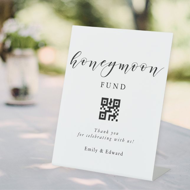 Modern Calligraphy Honeymoon Fund QR Code Wedding Pedestal Sign (Creator Uploaded)