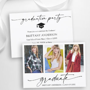 Modern Calligraphy Ink 3 Photo Graduation Party Invitation