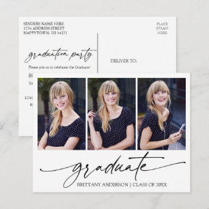 Modern Calligraphy Ink 3 Photo Graduation Party Postcard