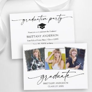 Modern Calligraphy Ink 3 Photos Graduation Party Invitation