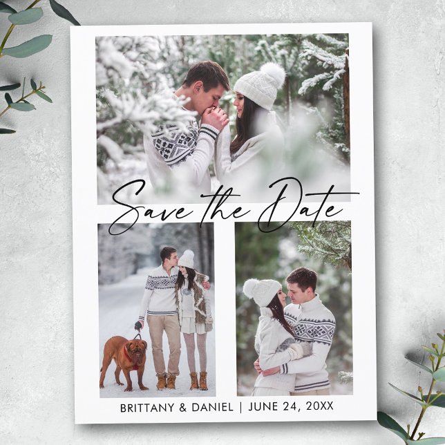Modern Calligraphy Ink 3 Photos Save The Date Postcard (Customize to change your personalized text size or text style.)