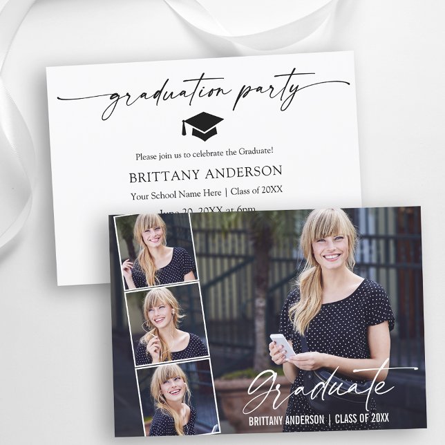 Modern Calligraphy Ink 4 Photo Graduation Party Invitation (Customize to change your personalized text size or text style.)