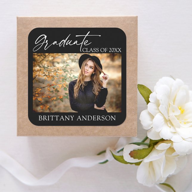 Modern Calligraphy Ink Graduate Photo Black Square Sticker (Customize to change your personalized text size or text style.)