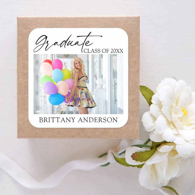 Modern Calligraphy Ink Graduate Photo Square Sticker (Customize to change your personalized text size or text style.)