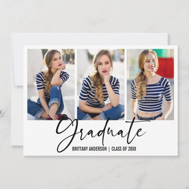 Modern Calligraphy Ink Pen 3 Photo Graduation Announcement (Front)