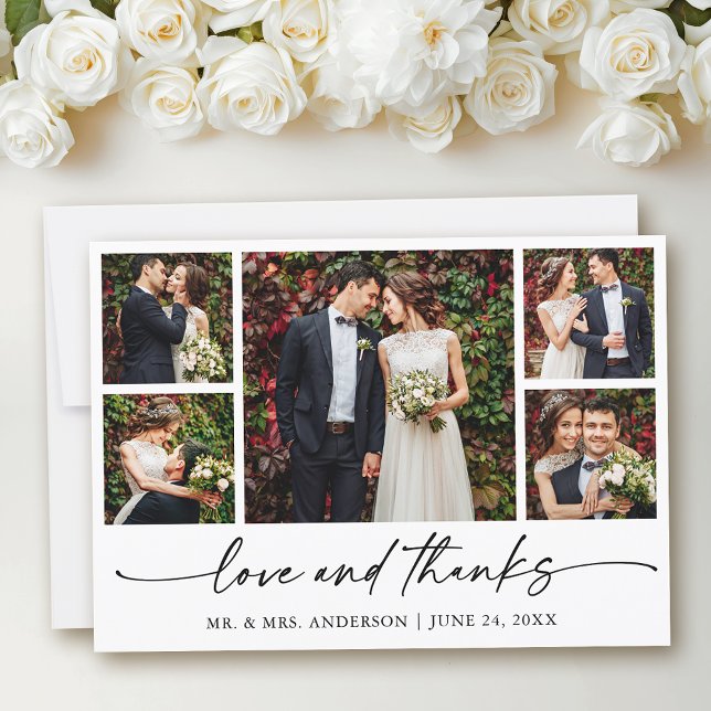 Modern Calligraphy Ink Pen Love Wedding 5 Photos Thank You Card (Customize to add text to back of card.)