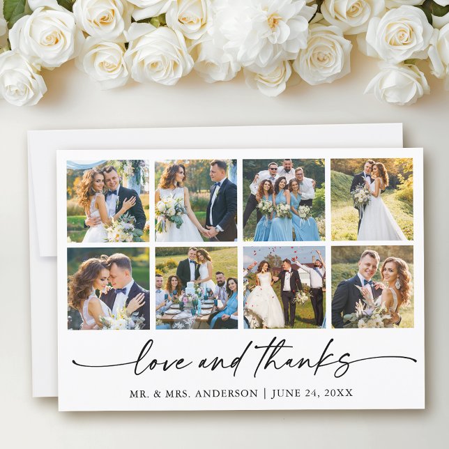 Modern Calligraphy Ink Pen Love Wedding 8 Photos Thank You Card (Customize to add text to back of card.)