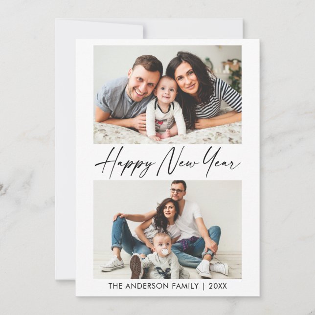 Modern Calligraphy Ink Pen New Year 2 Photo  Holiday Card (Front)