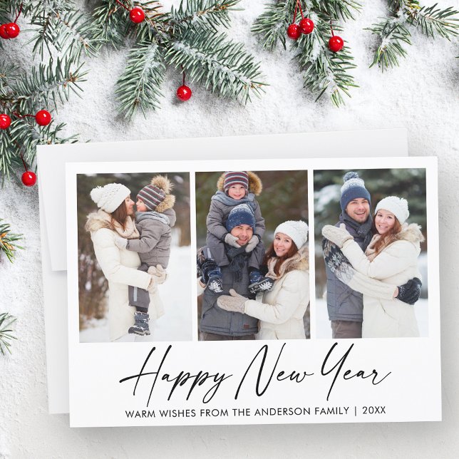 Modern Calligraphy Ink Pen New Year 3 Photo Holiday Card (Customize to change your personalized text size or style.)