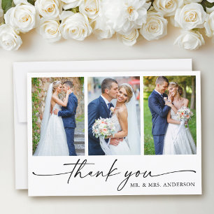 Modern Calligraphy Ink Pen Script 3 Photo Wedding Thank You Card