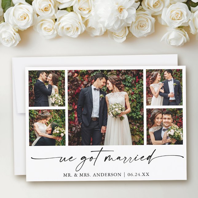 Modern Calligraphy Ink Pen Script 5 Photo Wedding Announcement (Customize to add text to back of card.)