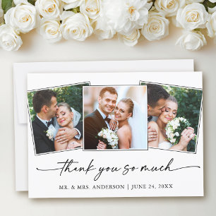 Modern Calligraphy Ink Pen Script Wedding 3 Photo Thank You Card