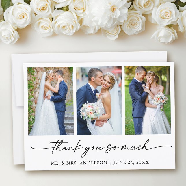 Modern Calligraphy Ink Pen Script Wedding 3 Photos Thank You Card (Customize to add text to back of card.)