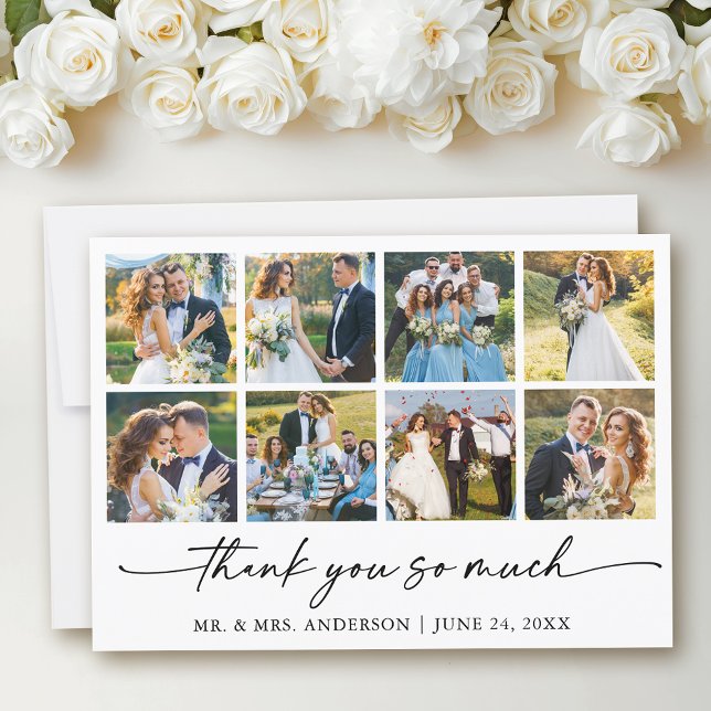 Modern Calligraphy Ink Pen Script Wedding 8 Photo Thank You Card (Customize to add text to back of card.)