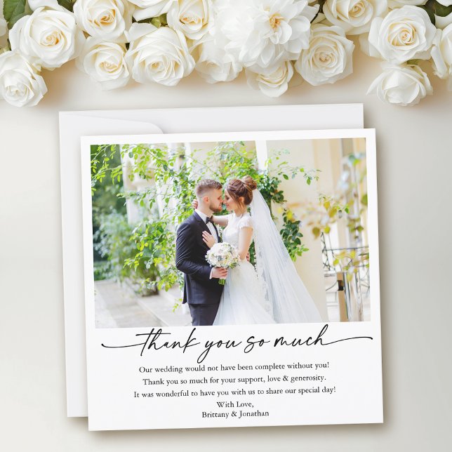 Modern Calligraphy Ink Pen Wedding Photo Square Thank You Card (Customize to add more text or photos to back of card.)
