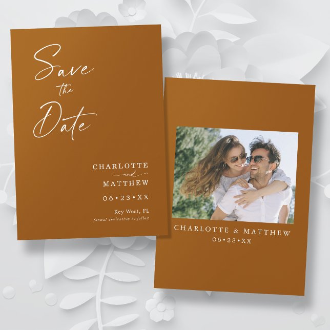 Modern Calligraphy Ink Script 1 Photo Burnt Orange Save The Date (The card color can easily be changed by selecting "Edit Design")