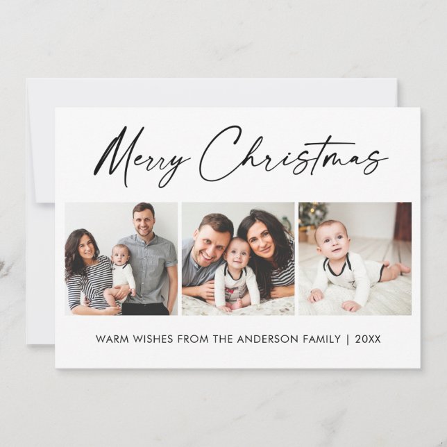 Modern Calligraphy Ink Script 3 Photo Christmas Holiday Card (Front)