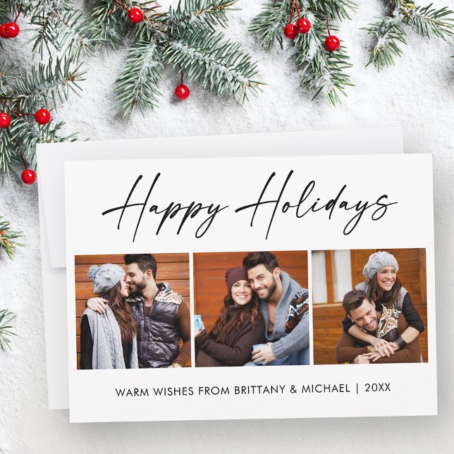 Modern Calligraphy Ink Script 3 Photo Couple Holiday Card (Customize to change your personalized text size or style.)