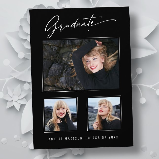 Modern Calligraphy Ink Script 3 Photo Graduation Announcement (Creator Uploaded)