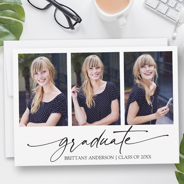 Modern Calligraphy Ink Script 3 Photo Graduation Announcement (Customize to add text or more photos to back of card.)