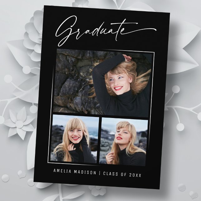 Modern Calligraphy Ink Script 3 Photo Graduation Announcement (Creator Uploaded)