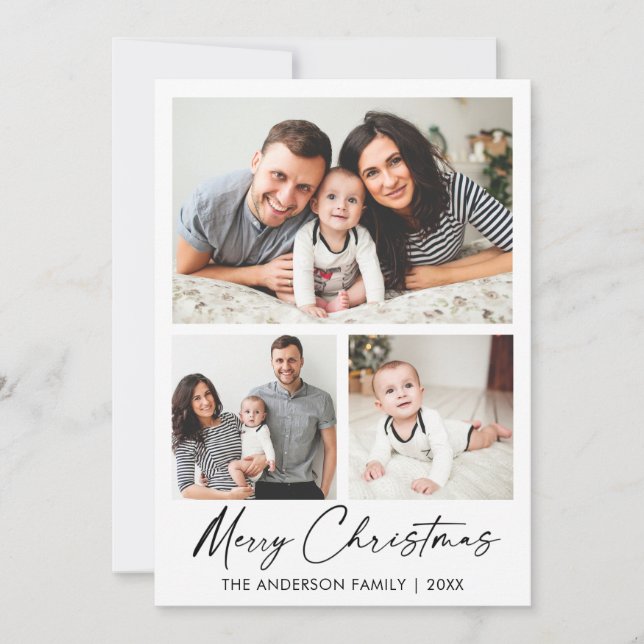Modern Calligraphy Ink Script 3 Photos Christmas Holiday Card (Front)