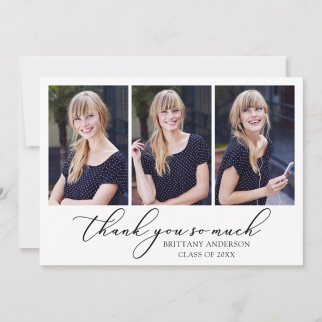 Modern Calligraphy Ink Script 3 Photos Graduation Thank You Card (Front)